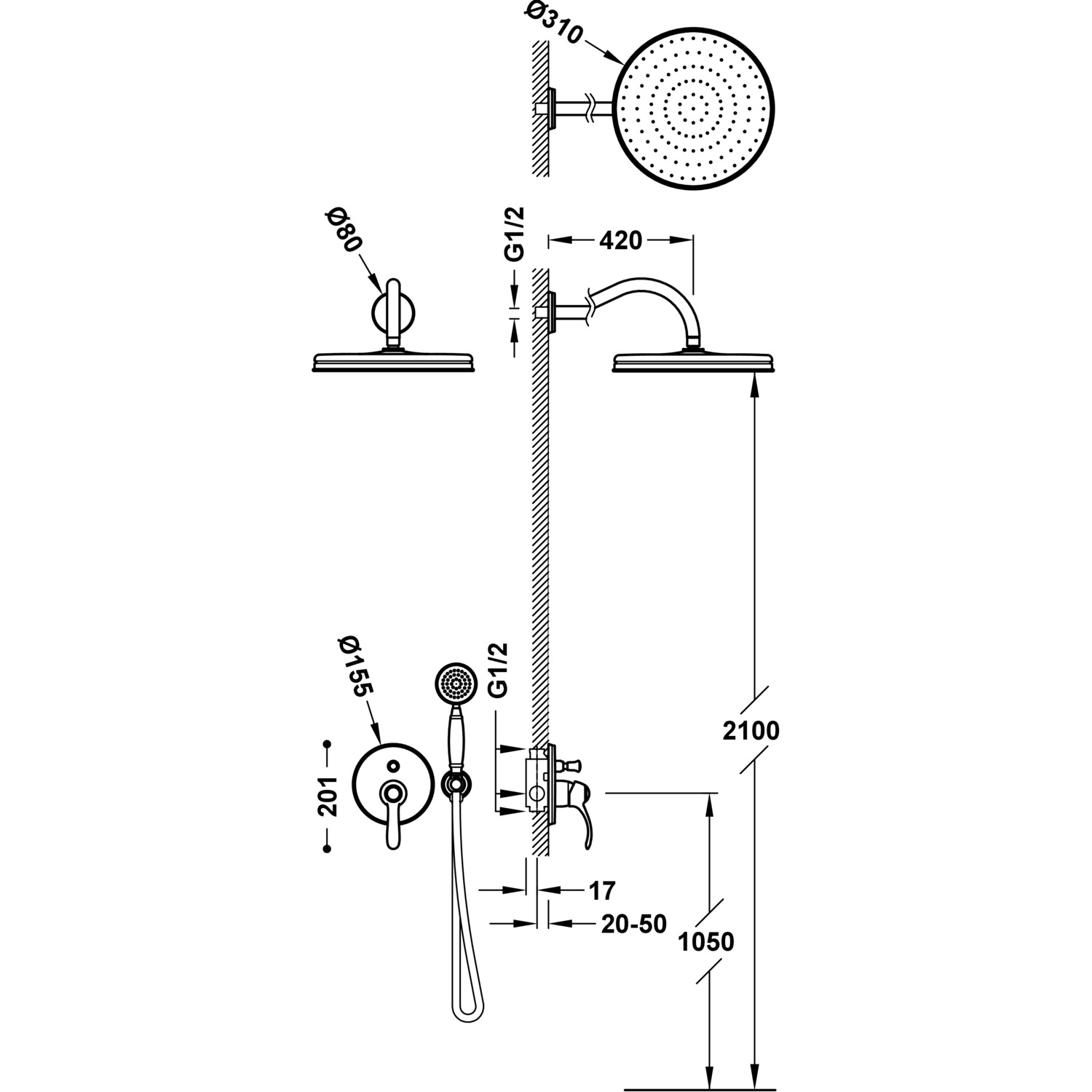 TRES-CLASIC 2-way concealed single-handle shower mixer tap kit